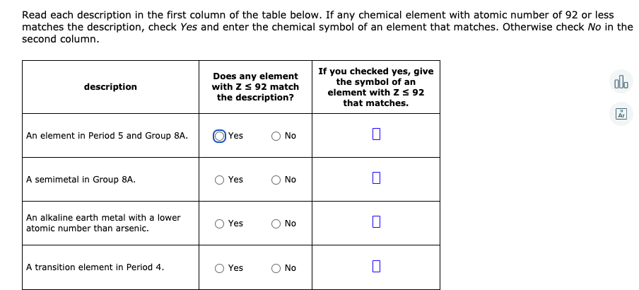 Read each description in the first column of the table below. If any chemical element with atomic number of 92 or less
matches the description, check Yes and enter the chemical symbol of an element that matches. Otherwise check No in the
second column.
Does any element
with zs 92 match
the description?
If you checked yes, give
the symbol of an
element with Z S 92
alo
description
that matches.
Ar
An element in Period 5 and Group 8A.
O Yes
No
A semimetal in Group 8A.
Yes
No
An alkaline earth metal with a lower
Yes
No
atomic number than arsenic.
A transition element in Period 4.
Yes
No
