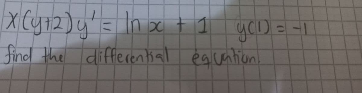 X (y₁2) y² = In x + 1 g(1) = -1
yCD
find the differential equation