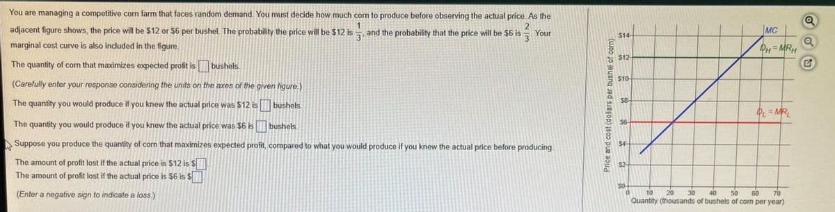 You are managing a competitive corn farm that faces random demand. You must decide how much corn to produce before observing the actual price. As the
2
adjacent figure shows, the price will be $12 or $6 per bushel. The probability the price will be $12 is
and the probability that the price will be $6 is -
Your
MC
3
3
$14
marginal cost curve is also included in the figure.
PH=MRH
$12
The quantity of corn that maximizes expected profit is bushels.
$10
(Carefully enter your response considering the units on the axes of the given figure.)
S8
The quantity you would produce if you knew the actual price was $12 is
bushels.
L= MRL
The quantity you would produce if you knew the actual price was $6 is bushels
$6
Suppose you produce the quantity of corn that maximizes expected profit, compared to what you would produce if you knew the actual price before producing.
$4-
The amount of profit lost if the actual price is $12 is $
The amount of profit lost if the actual price is $6 is $
(Enter a negative sign to indicate a loss.)
10
20
30
50
60
40
70
Quantity (thousands of bushels of corn per year)
Price and cost (dollars per bushel of corn)
