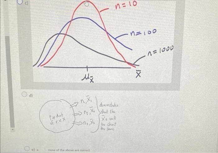 n=10
n=100
1= 1000
d)
dim anstates
that the
Xo mill
be abut
the Samt
Pop dist
of rv.X
An,ス
none of the above are correct
IX
