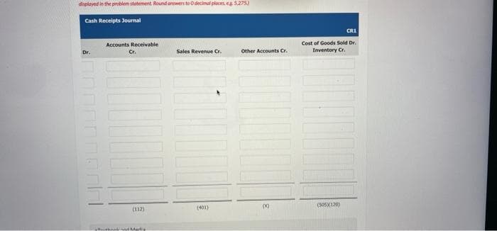 displayed in the problem statement. Round answers to O decimal places, eg 5.275)
Cash Receipts Journal
Accounts Receivable
Dr.
Sales Revenue Cr.
(112)
(401)
School and Madis
Other Accounts Cr.
(X)
CR1
Cost of Goods Sold Dr.
Inventory Cr.
(505X120)