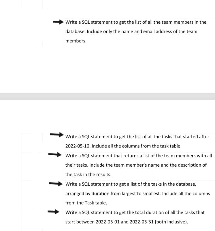 Write a SQL statement to get the list of all the team members in the
database. Include only the name and email address of the team
members.
Write a SQL statement to get the list of all the tasks that started after
2022-05-10. Include all the columns from the task table.
Write a SQL statement that returns a list of the team members with all
their tasks. Include the team member's name and the description of
the task in the results.
Write a SQL statement to get a list of the tasks in the database,
arranged by duration from largest to smallest. Include all the columns
from the Task table.
Write a SQL statement to get the total duration of all the tasks that
start between 2022-05-01 and 2022-05-31 (both inclusive).