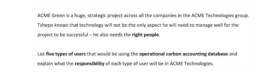 ACME Green is a huge, strategic project across all the companies in the ACME Technologies group.
Tshepo knows that technology will not be the only aspect he will need to manage well for the
project to be successful - he also needs the right people.
List five types of users that would be using the operational carbon accounting database and
explain what the responsibility of each type of user will be in ACME Technologies.