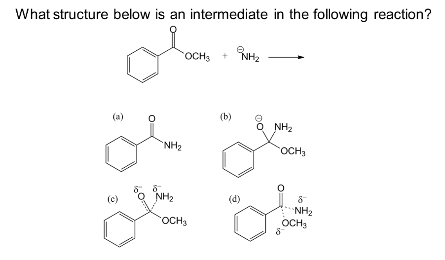 What structure below is an intermediate in the following reaction?
(a)
(c)
NH₂
8-
NH₂
OCH 3
OCH 3
(b)
NH₂
(d)
NH₂
OCH 3
لة
8™
-NH₂
OCH3