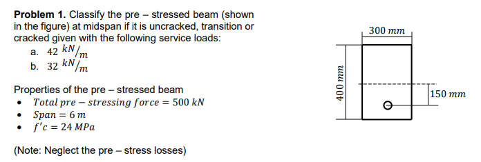 Problem 1. Classify the pre – stressed beam (shown
in the figure) at midspan if it is uncracked, transition or
cracked given with the following service loads:
а. 42 kN/m
b. 32 kN/m
300 тm
Properties of the pre – stressed beam
Total pre – stressing force = 500 kN
Span = 6 m
f'c = 24 MPa
150 mm
(Note: Neglect the pre – stress losses)
