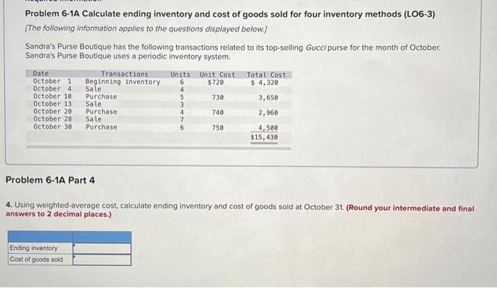 Problem 6-1A Calculate ending inventory and cost of goods sold for four inventory methods (LO6-3)
[The following information applies to the questions displayed below.)
Sandra's Purse Boutique has the following transactions related to its top-selling Gucci purse for the month of October.
Sandra's Purse Boutique uses a periodic inventory system.
Transactions
Date
October 1
October 4
October 10
October 13
October 20
October 28
October 30
Beginning inventory
Sale
Purchase.
Sale
Purchase
Sale
Purchase
Problem 6-1A Part 4
Ending inventory
Cost of goods sold
Units Unit Cost
$720
6
4
730
740
750
4
Total Cost
$ 4,320
3,650
2,960
4,500
$15,430
4. Using weighted-average cost, calculate ending inventory and cost of goods sold at October 31. (Round your intermediate and final
answers to 2 decimal places.)