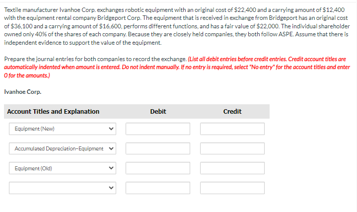 Textile manufacturer Ivanhoe Corp. exchanges robotic equipment with an original cost of $22,400 and a carrying amount of $12,400
with the equipment rental company Bridgeport Corp. The equipment that is received in exchange from Bridgeport has an original cost
of $36,100 and a carrying amount of $16,600, performs different functions, and has a fair value of $22,000. The individual shareholder
owned only 40% of the shares of each company. Because they are closely held companies, they both follow ASPE. Assume that there is
independent evidence to support the value of the equipment.
Prepare the journal entries for both companies to record the exchange. (List all debit entries before credit entries. Credit account titles are
automatically indented when amount is entered. Do not indent manually. If no entry is required, select "No entry" for the account titles and enter
O for the amounts.)
Ivanhoe Corp.
Account Titles and Explanation
Equipment (New)
Accumulated Depreciation-Equipment ✔
Equipment (Old)
Debit
Credit