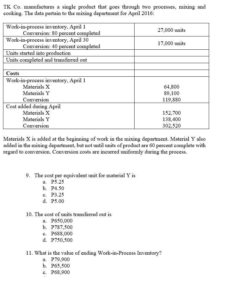 TK Co. manufactures a single product that goes through two processes, mixing and
cooking. The data pertain to the mixing department for April 2016:
Work-in-process inventory, April 1
Conversion: 80 percent completed
Work-in-process inventory, April 30
Conversion: 40 percent completed
Units started into production
Units completed and transferred out
27,000 units
17,000 units
Costs
Work-in-process inventory, April 1
Materials X
64,800
Materials Y
89,100
119,880
Conversion
Cost added during April
Materials X
152,700
138,400
302,520
Materials Y
Conversion
Materials X is added at the beginning of work in the mixing department. Material Y also
added in the mixing department, but not until units of product are 60 percent complete with
regard to conversion. Conversion costs are incurred uniformly during the process.
9. The cost per equivalent unit for material Y is
а. Р5.25
b. Р4.50
с. Р3.25
d. P5.00
10. The cost of units transferred out is
a. P650,000
b. P787,500
с. Р688,000
d. P750,500
11. What is the value of ending Work-in-Process Inventory?
а. Р79,900
b. Р65,500
с. Р68,900
