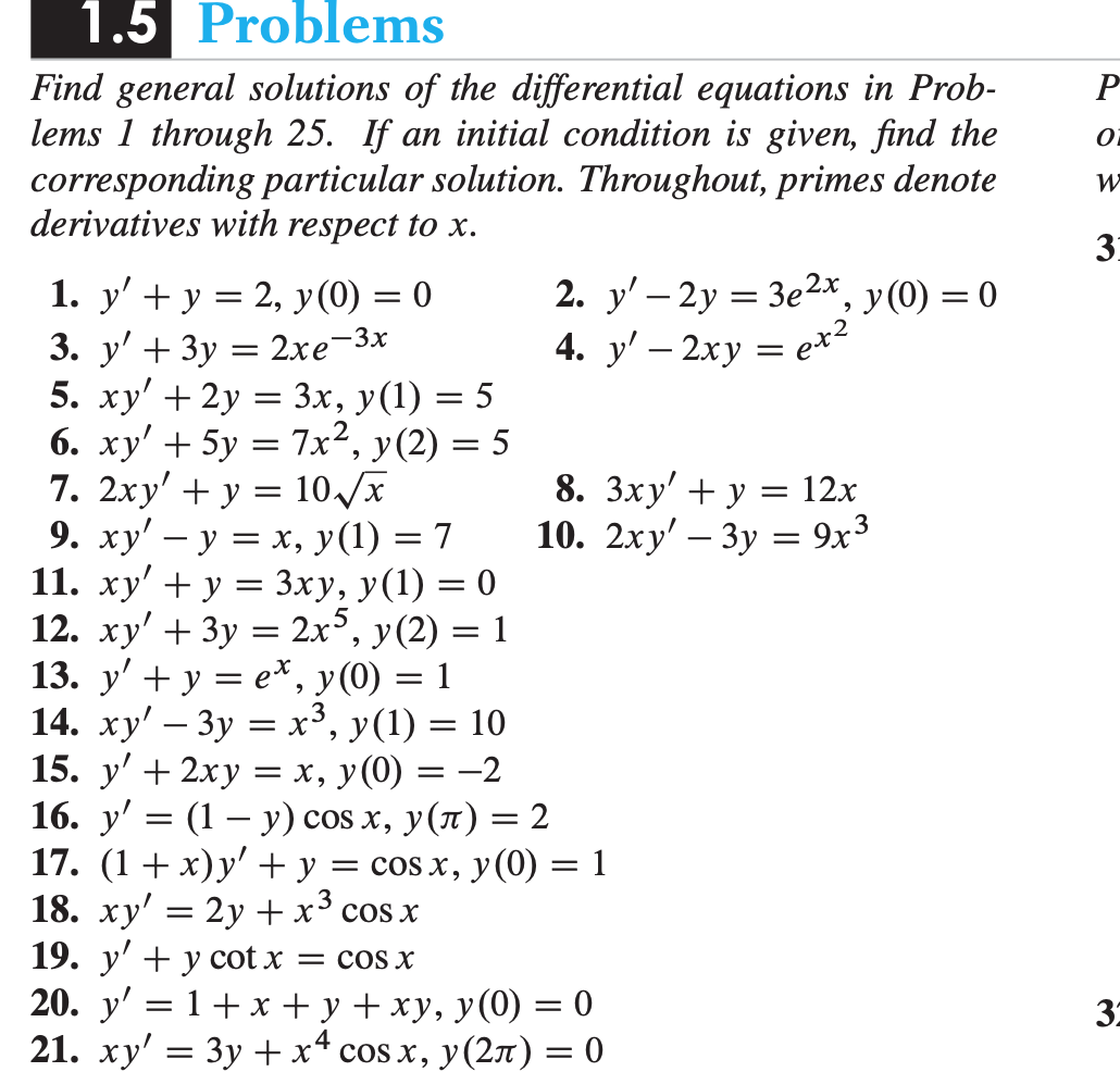 1. у' + у %3D 2, у(0) — 0
3. у' + Зу — 2хе- Зх
5. ху' + 2у — 3х, у(1) —D 5
6. ху + 5у
%3D
%3D 7x?, у(2) — 5
