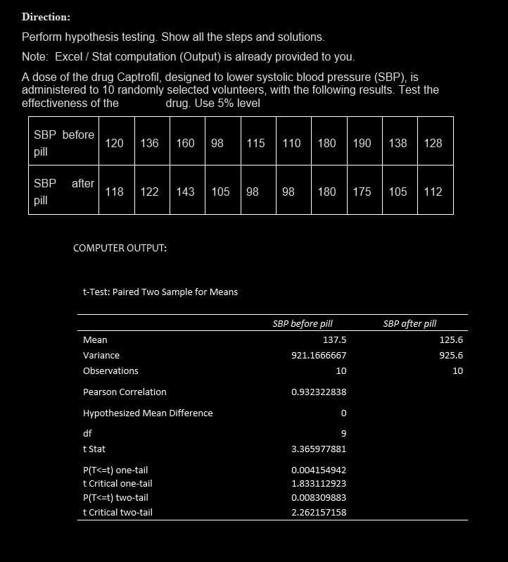 Direction:
Perform hypothesis testing. Show all the steps and solutions.
Note: Excel / Stat computation (Output) is already provided to you.
A dose of the drug Captrofil, designed to lower systolic blood pressure (SBP), is
administered to 10 randomly selected volunteers, with the following results. Test the
effectiveness of the
drug. Use 5% level
SBP before
pill
SBP after
pill
120 136 160 98 115 110 180
118 122 143 105 98 98 180
COMPUTER OUTPUT:
t-Test: Paired Two Sample for Means
Mean
Variance
Observations
Pearson Correlation
Hypothesized Mean Difference
df
t Stat
P(T<=t) one-tail
t Critical one-tail
P(T<=t) two-tail
t Critical two-tail
SBP before pill
137.5
921.1666667
10
0.932322838
0
9
3.365977881
0.004154942
1.833112923
0.008309883
2.262157158
190 138 128
175
105 112
SBP after pill
125.6
925.6
10