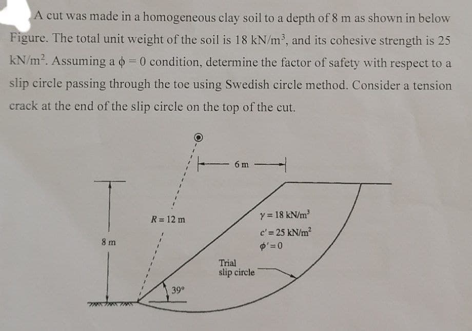 A cut was made in a homogeneous clay soil to a depth of 8 m as shown in below
Figure. The total unit weight of the soil is 18 kN/m³, and its cohesive strength is 25
kN/m². Assuming a = 0 condition, determine the factor of safety with respect to a
slip circle passing through the toe using Swedish circle method. Consider a tension
crack at the end of the slip circle on the top of the cut.
8 m
R = 12 m
39⁰
6m
Trial
slip circle
y = 18 kN/m³
c'= 25 kN/m²
o'=0
