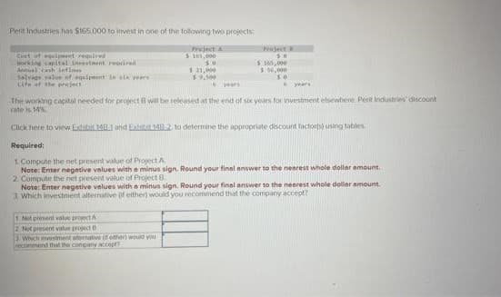 Perit Industries has $165.000 to invest in one of the following two projects:
Project A
1.115,000
50
$ 21,000
$9,500
Cist of gipment required
working capital investment reorired
Annual cash infimes
Salvage value of equipment in six years
Life of the project
Project B
50
$ 165,000
$50,000
years
years
The working capital needed for project B will be released at the end of six years for investment elsewhere. Pert Industries' discount
rate is 14%
Click here to view Exhibit 148-1 and Extibil148-2, to determine the appropriate discount factors) using tables.
Required:
1. Compute the net present value of Project A
Note: Enter negative values with a minus sign. Round your final answer to the nearest whole dollar amount.
2. Compute the net present value of Project B
1 Not present value project A
2. Net present value project D
3 Which vestment afternative of other) would you
recommend that the company accept
Note: Enter negative values with a minus sign. Round your final answer to the nearest whole dollar amount.
3. Which investment alternative of either) would you recommend that the company accept?