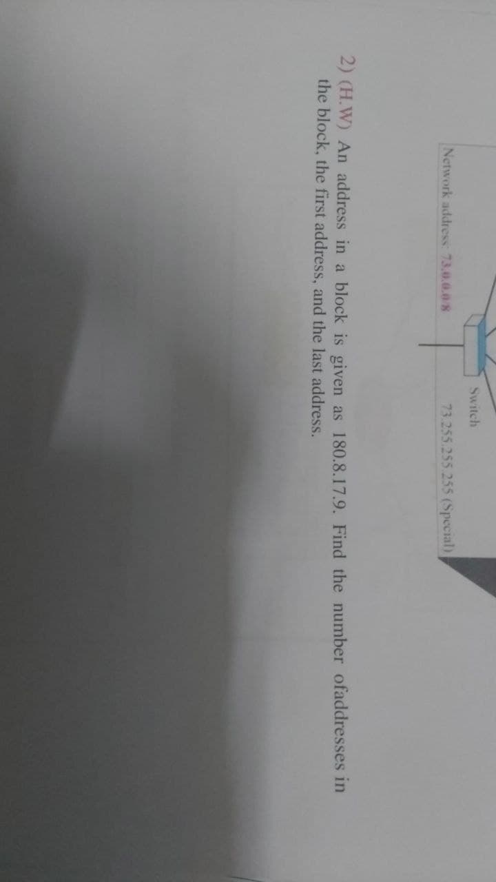Network address: 73.0.0.0/8
Switch
73.255.255.255 (Special)
2) (H.W) An address in a block is given as 180.8.17.9. Find the number ofaddresses in
the block, the first address, and the last address