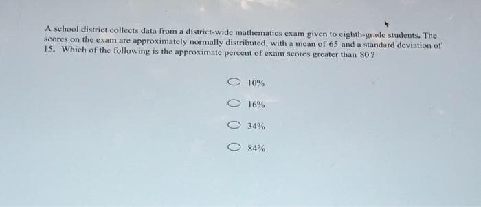 A school district collects data from a district-wide mathematics exam given to eighth-grade students. The
scores on the exam are approximately normally distributed, with a mean of 65 and a standard deviation of
15. Which of the following is the approximate percent of exam scores greater than 80 ?
10%
16%
34%
84%
