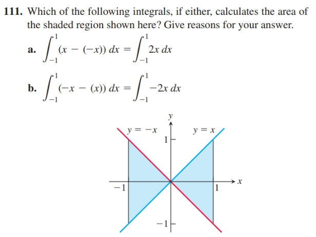 111. Which of the following integrals, if either, calculates the area of
the shaded region shown here? Give reasons for your answer.
2x dx
(x
(-x)) dx
a.
b.
(x)) dx
-2x dx
—
y = x
y = -x
х
-1
