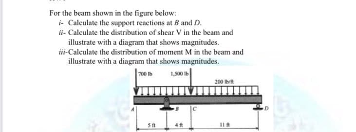 For the beam shown in the figure below:
i- Calculate the support reactions at B and D.
ii- Calculate the distribution of shear V in the beam and
illustrate with a diagram that shows magnitudes.
iii-Calculate the distribution of moment M in the beam and
illustrate with a diagram that shows magnitudes.
700 lb
1,500 Ib
200 lb/ft
D.
4 ft
Il ft
