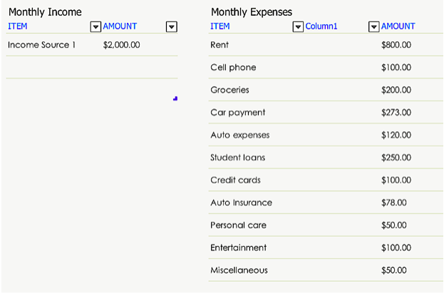 Monthly Income
Monthly Expenses
ТЕМ
|AMOUNT
ITEM
Column1
AMOUNT
Income Source 1
$2,000.00
Rent
$800.00
Cell phone
$100.00
Groceries
$200.00
Car payment
$273.00
Auto expenses
$120.00
Student loans
$250.00
Credit cards
$100.00
Auto Insurance
$78.00
Personal care
$50.00
Entertainment
$100.00
Miscellaneous
$50.00
