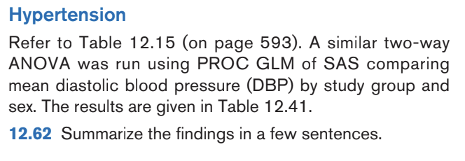 Hypertension
Refer to Table 12.15 (on page 593). A similar two-way
ANOVA was run using PROC GLM of SAS comparing
mean diastolic blood pressure (DBP) by study group and
sex. The results are given in Table 12.41.
12.62 Summarize the findings in a few sentences.