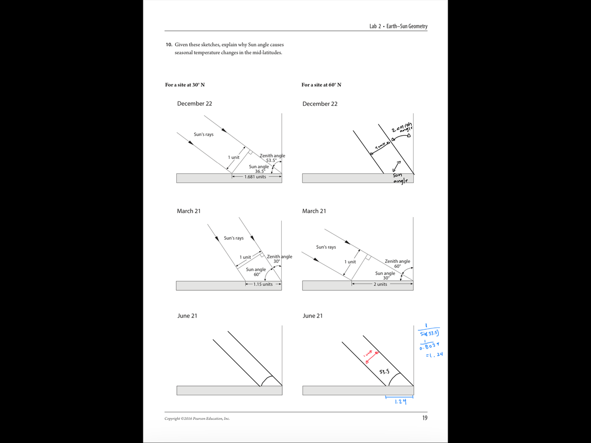 10. Given these sketches, explain why Sun angle causes
seasonal temperature changes in the mid-latitudes.
For a site at 30° N
December 22
Sun's rays
March 21
June 21
1 unit
Sun's rays
Copyright ©2016 Pearson Education, Inc.
Zenith angle
53.5°
Sun angle
36.5°
1.681 units
1 unit
Sun angle
60°
Zenith angle
30°
1.15 units
For a site at 60° N
December 22
March 21
Sun's rays
June 21
1 unit
Lab 2 Earth-Sun Geometry
I unit
L
2 cnith
angle
D
1 unit 04
Sun
angle
Zenith angle
60°
53.5
Sun angle
30°
2 units
1.29
Sivi 53.5)
0.8039
=1.24
19