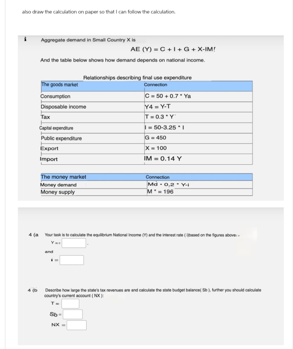 also draw the calculation on paper so that I can follow the calculation.
Aggregate demand in Small Country X is
AE (Y) = C + I + G + X-IM!
And the table below shows how demand depends on national income.
Relationships describing final use expenditure
The goods market
Consumption
Disposable income
Tax
H
Capital expenditure
Public expenditure
Export
Import
Connection
C = 50+0.7* Ya
Y4=Y-T
T= 0.3*Y*
I= 50-3.25* |
G = 450
X = 100
IM = 0.14 Y
The money market
Money demand
Money supply
Connection
Md -0,2* Y-i
M=196
4 (a Your task is to calculate the equilibrium National Income (Y) and the interest rate (i)based on the figures above:>>
Y ==
and
4 (b
Describe how large the state's tax revenues are and calculate the state budget balance (Sb), further you should calculate
country's current account (NX):
T=
Sb
NX =