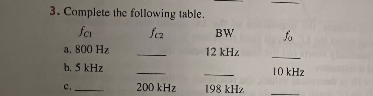 3. Complete the following table.
fc
fc2
BW
fo
a. 800 Hz
12 kHz
b. 5 kHz
10 kHz
200 kHz
198 kHz
