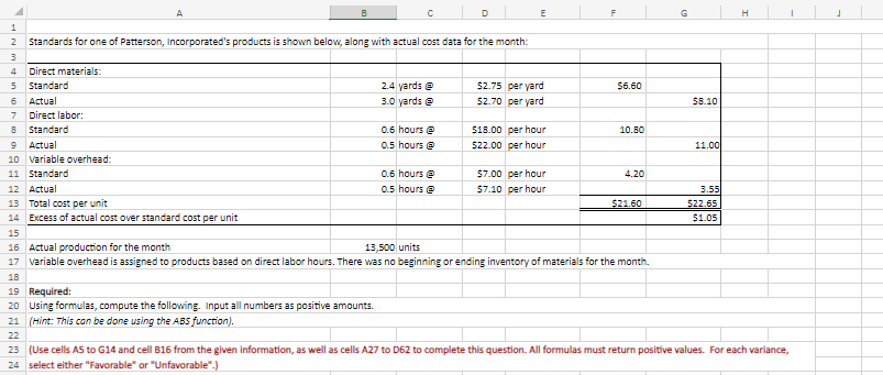 6
Actual
7 Direct labor:
8 Standard
A
9 Actual
10 Variable overhead:
11 Standard
B
1
2 Standards for one of Patterson, Incorporated's products is shown below, along with actual cost data for the month:
3
4 Direct materials:
5 Standard
12 Actual
13 Total cost per unit
14 Excess of actual cost over standard cost per unit
С
19 Required:
20 Using formulas, compute the following. Input all numbers as positive amounts.
21 (Hint: This can be done using the ABS function).
22
2.4 yards @
3.0 yards @
0.6 hours @
0.5 hours @
D
0.6 hours @
0.5 hours @
E
$2.75 per yard
$2.70 per yard
$18.00 per hour
$22.00 per hour
$7.00 per hour
$7.10 per hour
F
$6.60
10.80
4.20
$21.60
15
16 Actual production for the month
13,500 units
17 variable overhead is assigned to products based on direct labor hours. There was no beginning or ending inventory of materials for the month.
18
G
$8.10
11.00
3.55
$22.65
$1.05
H
I
23 (Use cells A5 to G14 and cell B16 from the given information, as well as cells A27 to D62 to complete this question. All formulas must return positive values. For each variance,
24 select either "Favorable" or "Unfavorable".)