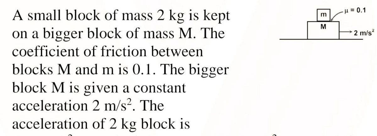 = 0.1
A small block of mass 2 kg is kept
on a bigger block of mass M. The
m
M
2 m/s?
coefficient of friction between
blocks M and m is 0.1. The bigger
block M is given a constant
acceleration 2 m/s?. The
acceleration of 2 kg block is
