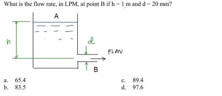 What is the flow rate, in LPM, at point B if h = 1 m and d = 20 mm?
A
h
a. 65.4
b.
83.5
d
B
FLMN
C. 89.4
d. 97.6