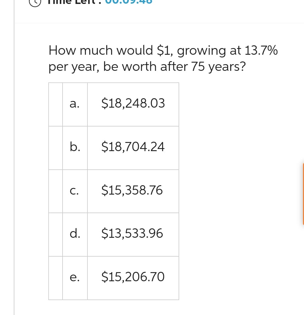 How much would $1, growing at 13.7%
per year, be worth after 75 years?
a.
b.
C.
d.
e.
$18,248.03
$18,704.24
$15,358.76
$13,533.96
$15,206.70