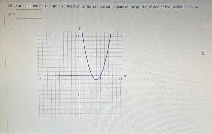 Write an equation for the graphed function by using transformations of the graphs of one of the toolkit functions.
%3D
y
10
-10
10
-5
-10
