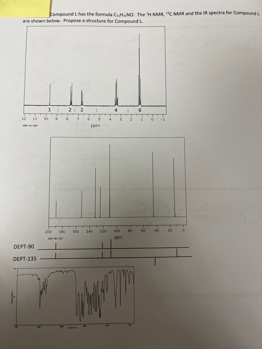 Compound L has the formula C₁1H₁5 NO. The ¹H NMR, 13C NMR and the IR spectra for Compound L
are shown below. Propose a structure for Compound L.
12
4800
11
HSP-01-587
DEPT-90
DEPT-135
1 :
T T
10 9
200
2 2
CDS-06-337
8
7
180 160
6
:
140
5
ppm
120
4
4
3
100
: 6
ppm
2
T T
1
to maineriberent waiho mlenmol wons havus saonic
80
D
0 -1
T
60
40
20
4
T
0