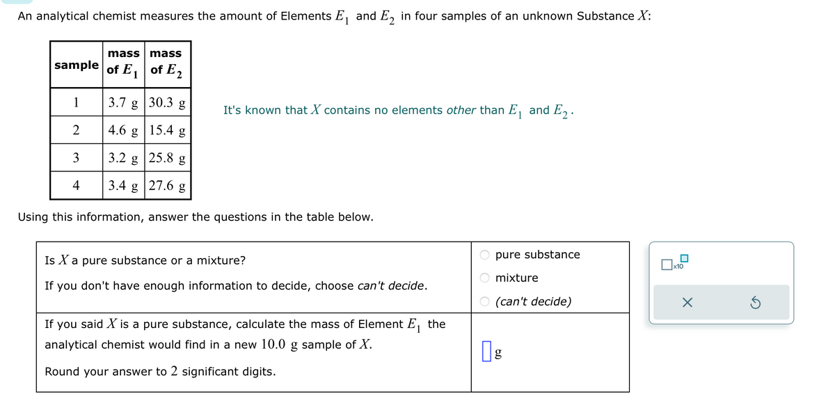 An analytical chemist measures the amount of Elements E₁ and E₂ in four samples of an unknown Substance X:
mass mass
of E₂
sample of E₁
1
1
2
3
4
3.7 g
30.3 g
It's known that X contains no elements other than E₁ and E₂.
4.6 g
15.4 g
3.2 g 25.8 g
3.4 g 27.6 g
Using this information, answer the questions in the table below.
Is X a pure substance or a mixture?
If you don't have enough information to decide, choose can't decide.
If you said X is a pure substance, calculate the mass of Element E₁ the
analytical chemist would find in a new 10.0 g sample of X.
Round your answer to 2 significant digits.
OOO
pure substance
mixture
(can't decide)
Πε
g
x10
X
Ś
