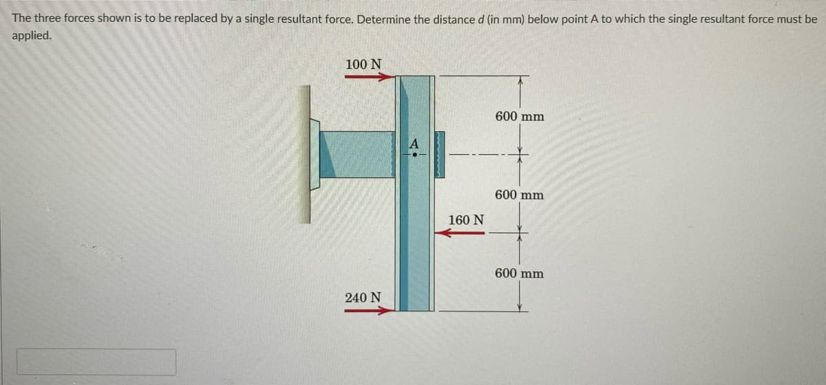 The three forces shown is to be replaced by a single resultant force. Determine the distance d (in mm) below point A to which the single resultant force must be
applied.
100 N
600 mm
600 mm
160 N
600 mm
240 N
