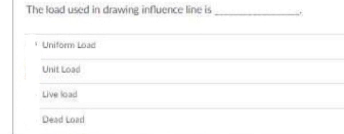 The load used in drawing influence line is
Uniform Load
Unit Load
Live koad
Dead Load
