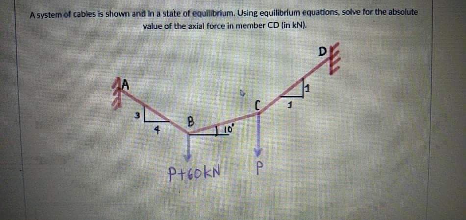 Asystem of cables is shown and in a state of equllibrium. Using equilibrium equations, solve for the absolute
value of the axial force in mermber CD (in kN).
平
P+60KN
