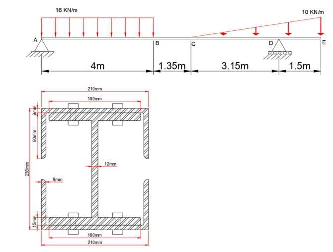 16 KN/m
10 KN/m
D.
E
4m
1.35m
3.15m
1.5m
210mm
180mm
12mm
9mm
180mm
210mm
90mm
