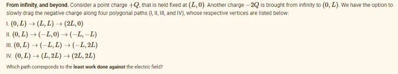 From infinity, and beyond. Consider a point charge +Q, that is held fixed at (L,0). Another charge -2Q is brought from infinity to (0, L). We have the option to
slowly drag the negative charge along four polygonal paths (1, II, II, nd IV), whose respective vertices are listed below:
1. (0, L) → (L, L) → (2L,0)
II. (0, L) → (-L,0) →(-L, -L)
I. (0, L) → (-L, L) →(-L, 2L)
IV. (0, L) → (L, 2L) → (2L, 2L)
Which path corresponds to the least work done against the electric field?
