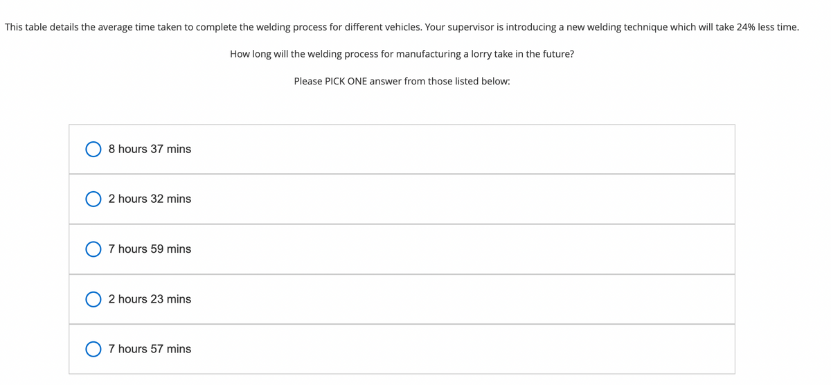 This table details the average time taken to complete the welding process for different vehicles. Your supervisor is introducing a new welding technique which will take 24% less time.
How long will the welding process for manufacturing a lorry take in the future?
O 8 hours 37 mins
2 hours 32 mins
O 7 hours 59 mins
O 2 hours 23 mins
O 7 hours 57 mins
Please PICK ONE answer from those listed below: