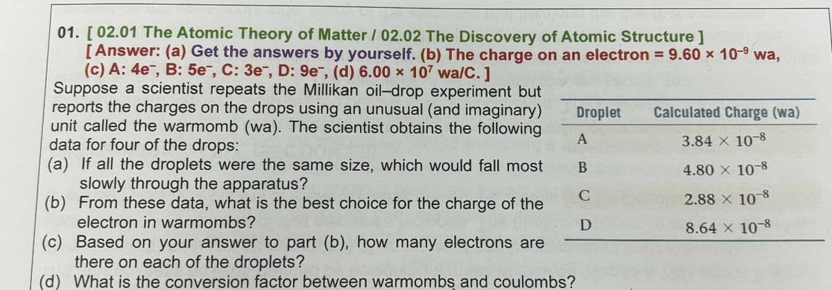 01. [02.01 The Atomic Theory of Matter / 02.02 The Discovery of Atomic Structure]
[Answer: (a) Get the answers by yourself. (b) The charge on an electron = 9.60 × 10-9 wa,
(c) A: 4e, B: 5e, C: 3e, D: 9e, (d) 6.00 x 107 wa/C.]
Suppose a scientist repeats the Millikan oil-drop experiment but
reports the charges on the drops using an unusual (and imaginary)
unit called the warmomb (wa). The scientist obtains the following
data for four of the drops:
Droplet
Calculated Charge (wa)
A
3.84 x 10-8
(a) If all the droplets were the same size, which would fall most
slowly through the apparatus?
B
4.80 × 10-8
(b) From these data, what is the best choice for the charge of the
electron in warmombs?
C
2.88 x 10-8
D
8.64 × 10-8
(c) Based on your answer to part (b), how many electrons are
there on each of the droplets?
(d) What is the conversion factor between warmombs and coulombs?