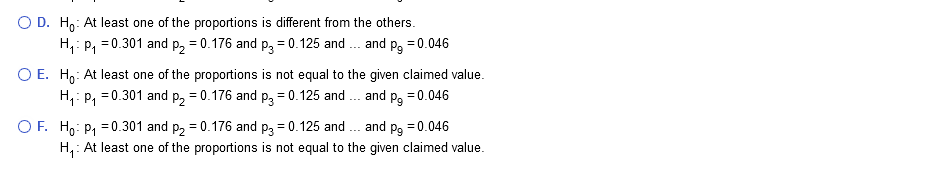 O D. H,: At least one of the proportions is different from the others.
H,: P, =0.301 and p, = 0.176 and p, = 0.125 and . and p, = 0.046
O E. H,: At least one of the proportions is not equal to the given claimed value.
H,: P, =0.301 and p, = 0.176 and p, = 0.125 and . and p, = 0.046
OF. H,: P, =0.301 and p2 = 0.176 and p3 = 0.125 and . and pg = 0.046
H,: At least one of the proportions is not equal to the given claimed value.
