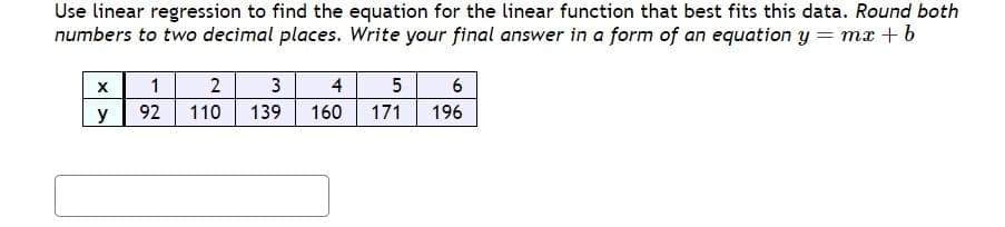 Use linear regression to find the equation for the linear function that best fits this data. Round both
numbers to two decimal places. Write your final answer in a form of an equation y= mx +b
X
y
1
92
2
110
4
5
3
139 160 171
6
196