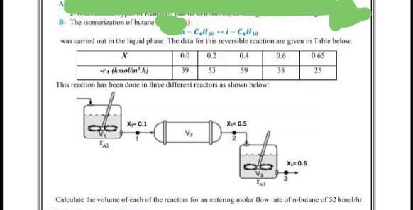 B- The isomerization of butane
C,H10-C,H0
was carried out in the liquid phase. The data for this reversible reaction are given in Table below.
0.0
0.2
0.4
0.6
0.65
A (kmol/m'.h)
This reaction has been done in three different reactors as shown below:
39
53
59
38
25
X;= 0.1
X 0.5
X- 0.6
Calculate the volume of cach of the reactors for an entering molar flow rate of n-butane of 52 kmol/hr.
