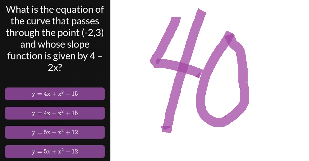 What is the equation of
the curve that passes
through the point (-2,3)
and whose slope
function is given by 4 -
2x?
y = 4x + x² - 15
y = 4x - x² + 15
y = 5x - x² + 12
y = 5x + x² - 12
40