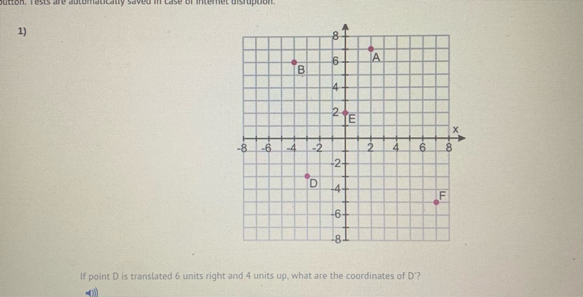 "uounc
Tests are automatiCatly saved in case of intermet disruption.
1)
6-
4-
2E
->
-8
-6.
-4
-2.
6.
2+
-4+
-6-
-8.
If point D is translated 6 units right and 4 units up, what are the coordinates of D'?
