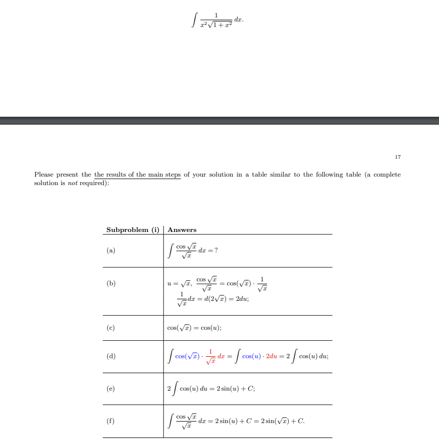 dr.
r²VI+a
17
Please present the the results of the main steps of your solution in a table similar to the following table (a complete
solution is not required):
Subproblem (i) Answers
cos VI
(a)
dx =?
1
(Ь)
u = VI, O VE
= cos(V) ·
%3D
1
Vadr = d(2/7) = 2du;
%3D
xp:
(c)
cos(VE) = cos(u);
| cos(VE) -
| cos(u) -
2 cos(u) du;
(d)
dr =
2du
(e)
2 cos(u) du = 2 sin(u) + C;
(f)
cos VI
dr =
2 sin(u) + C = 2 sin(VT) + C.
