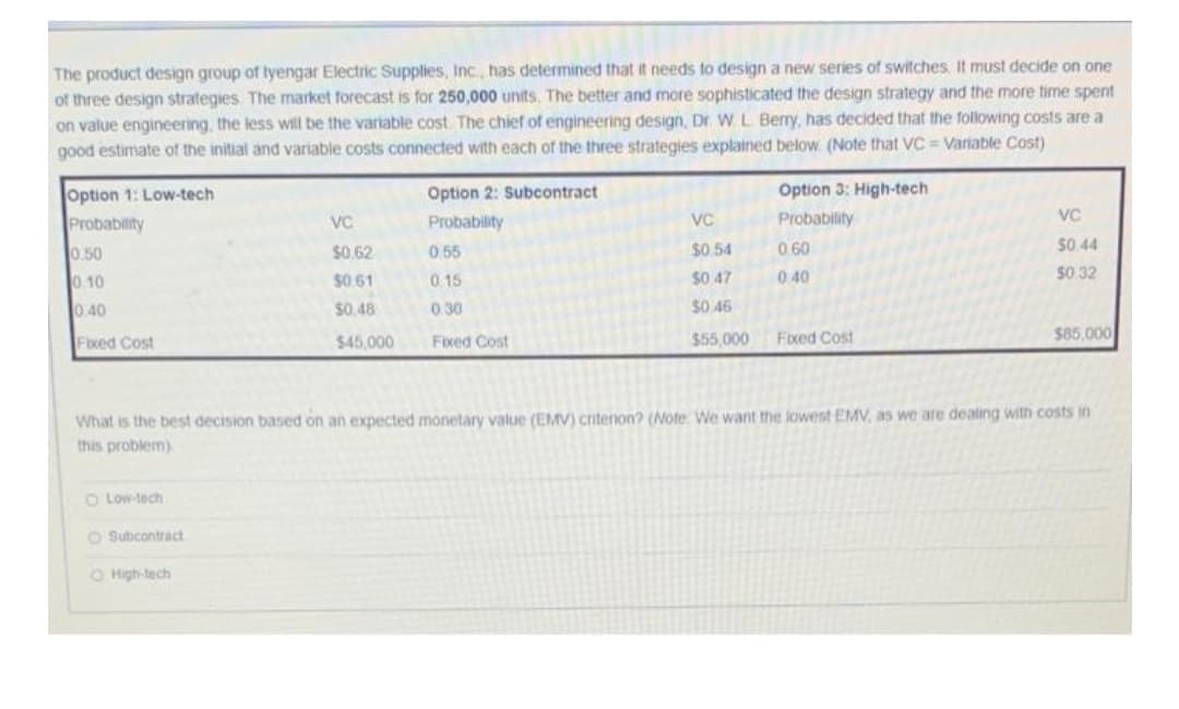 The product design group of lyengar Electric Supplies, Inc, has determined that it needs to design a new series of switches. It must decide on one
of three design strategies The market forecast is for 250,000 units. The better and more sophisticated the design strategy and the more time spent
on value engineering, the less will be the variable cost. The chief of engineering design, Dr WL Berry, has decided that the following costs are a
good estimate of the initial and variable costs connected with each of the three strategies explained below. (Note that VC = Variable Cost)
Option 3: High-tech
Option 1: Low-tech
Probability
0.50
0.10
Option 2: Subcontract
Probability
VC
Probability
VC
VC
$0.62
0.55
$0.54
0 60
$0.44
$0 61
0.15
$0 47
0 40
$0.32
0.40
$0.48
0.30
$0 46
Fixed Cost
$45,000
$55,000
Fixed Cost
$85,000
Fixed Cost
What is the best decision based on an expected monetary value (EMV) critenon? (Note We want the lowest EMV, as we are dealing with costs in
this problem).
O Low-tech
O subcontract
O High-tech
