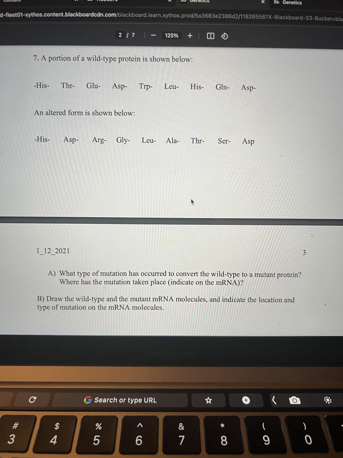 #
d-fleet01-xythos.content.blackboardcdn.com/blackboard.learn.xythos.prod/5a3683e2386d2/11826556?X-Blackboard-S3-Bucket-bla
3
K
7. A portion of a wild-type protein is shown below:
-His- Thr- Glu-Asp- Trp- Leu- His- Gln- Asp-
An altered form is shown below:
1_12_2021
-His- Asp- Arg- Gly- Leu- Ala- Thr- Ser- Asp
C
2 17 | - 125% + »
S4
A) What type of mutation has occurred to convert the wild-type to a mutant protein?
Where has the mutation taken place (indicate on the mRNA)?
B) Draw the wild-type and the mutant mRNA molecules, and indicate the location and
type of mutation on the mRNA molecules.
G
Search or type URL
%
45
^
6
&
7
C
☆
*
8
Bb Genetics
+
0 ۔
9
3
)
-O
0