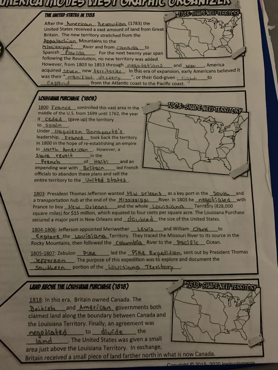 THE HINITED STATES IN T783
1783-SHADE NEV-TERRITORY
After the American Bevoution (1783) the
United States received a vast amount of land from Great
Britain, The new territory stretched from the
Appa lachian Mountains to the
Mississippi
Spanish locida
following the Revolution, no new territory was added.
However, from 1803 to 1853 through neantations
acquired seven new territories. In this era of expansion, early Americans believed it
was their " maniFest deateny
expand
River and from conadoto
For the next twenty year span
and war
America
", or their God-given - tioht
from the Atlantic coast to the Pacific coast.
to
LOHISIANA PARCHASE (1803)
18033SHADE NEW-TERRITORY
1800: Ecance controlled this vast area in the
middle of the U.S. from 1699 until 1762, the year
it ceded (gave up) the territory
to Spain
UnderNopoleon Bonapacte's
leadership,Erance took back the territory
in 1800 in the hope of re-establishing an empire
in North Ammerican. However, a
Slave revolt
French
impending war with Beftoin
officials to abandon these plans and sell the
entire territory to the United states.
in the
of Hotti
and an
led French
1803: President Thomas Jefferson wanted New orleans as a key port in the South
and
River. In 1803 he negotiated
a transportation hub at the end of the Mississippi
France to buy New Orleons
with
Territory (828,000
square miles) for $15 million, which equated to four cents per square acre. The Louisiana Purchase
secured a major port in New Orleans and doubled the size of the United States.
and the whole Louisiona
and William clack
1804-1806: Jefferson appointed Meriwether
explore the LouisianA Territory. They traced the Missouri River to its source in the
Rocky Mountains, then followed the Columbia River to the facific
Lewis
to
Ocean.
1805-1807: Zebulon
Pike
led the Pike Expedidion, sent out by President Thomas
The purpose of this expedition was to explore and document the
Southern portion of the Louisiana Territory
LAND ABOVE THE LOISIANA PURCHASE (1818)
1818 SHAPE NEN TERRITORY
1818: In this era, Britain owned Canada. The
Beitish
claimed land along the boundary between Canada and
the Louisiana Territory. Finally, an agreement was
and American governments both
gokiated
divide
the
to
The United States was given a small
and
area just above the Louisiana Territory. In exchange,
Britain received a small piece of land farther north in what is now Canada.
Convright 2015-2020 Instructomanie
