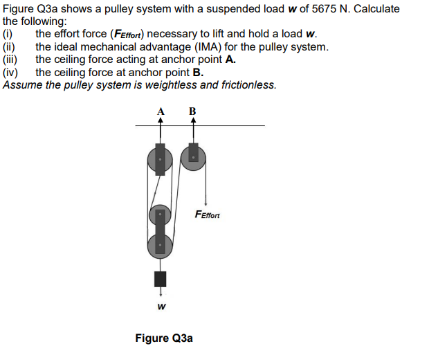 Figure Q3a shows a pulley system with a suspended load w of 5675 N. Calculate
the following:
(i)
(ii)
the effort force (FEffort) necessary to lift and hold a load w.
the ideal mechanical advantage (IMA) for the pulley system.
(iii) the ceiling force acting at anchor point A.
(iv) the ceiling force at anchor point B.
Assume the pulley system is weightless and frictionless.
W
B
Figure Q3a
FEffort