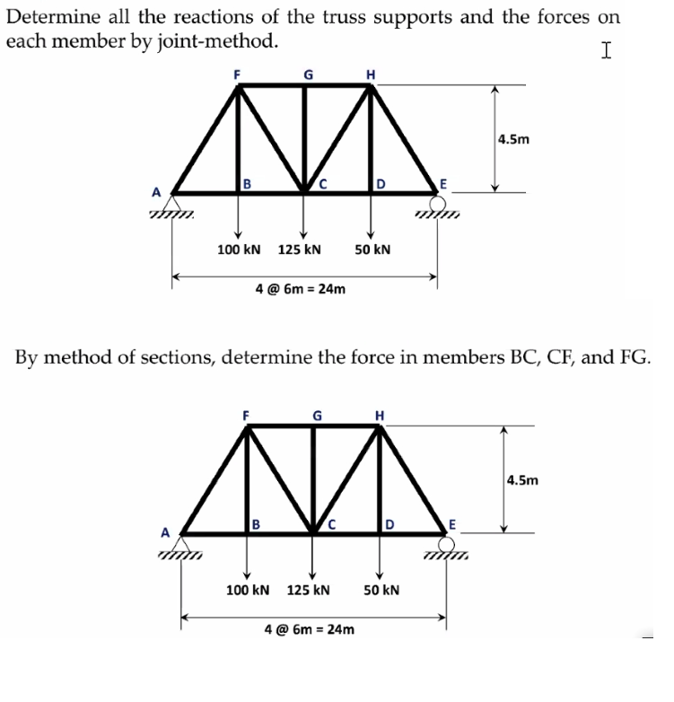 Determine all the reactions of the truss supports and the forces on
each member by joint-method.
I
A
min.
F
A
B
G
100 KN 125 kN
4 @ 6m = 24m
B
G
By method of sections, determine the force in members BC, CF, and FG.
C
100 kN 125 kN
H
50 kN
4 @ 6m = 24m
H
D
E
50 kN
4.5m
E
4.5m